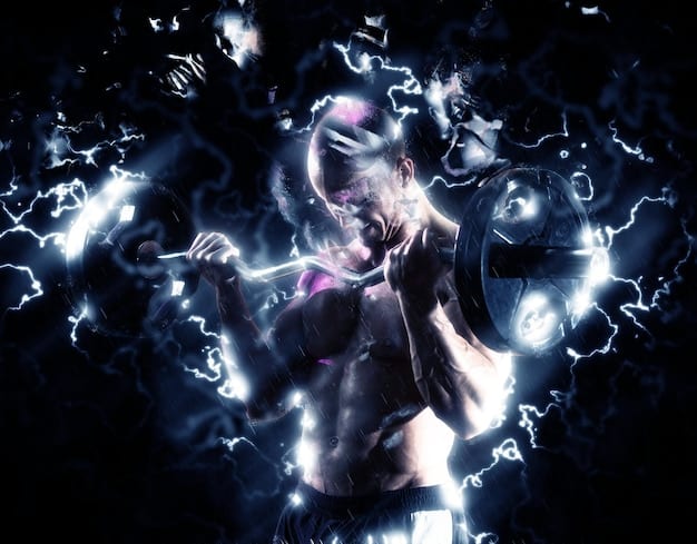 A person lifting weights in a gym, with a subtle overlay depicting energy molecules (ATP) to represent enhanced performance.