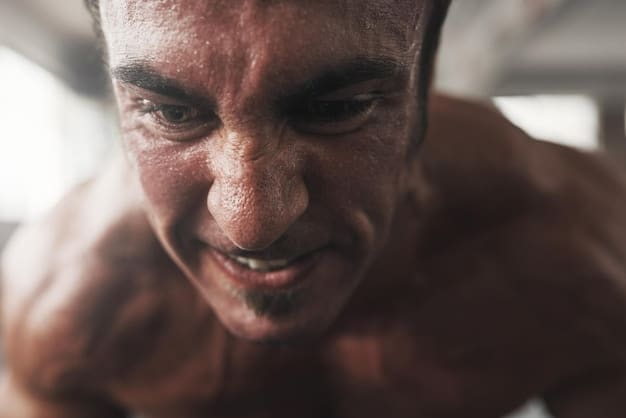 A close-up of an athlete's strained muscles after a heavy lift, with a blurred background of gym equipment, emphasizing fatigue and potential soreness.