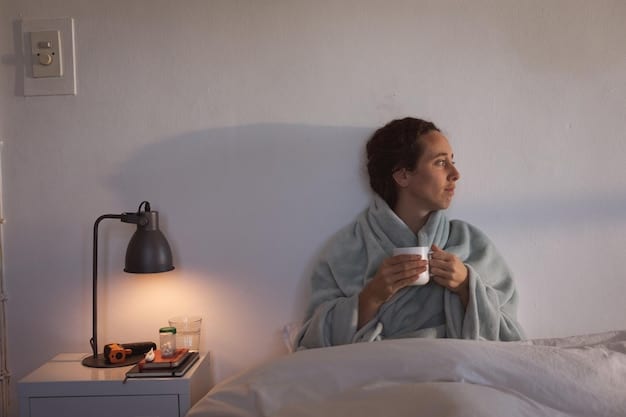 A calm, serene bedroom scene with soft lighting, a person sleeping peacefully under a cozy blanket, and a small, subtle bottle of magnesium supplements on the nightstand, illustrating improved sleep.
