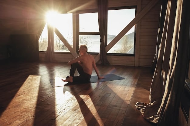 A person practicing gentle yoga stretches in a sunlit room, emphasizing flexibility and relaxation, with a sense of calm and well-being.