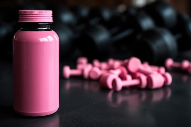 A close-up of different supplement bottles and capsules arranged neatly on a gym bench, with a blurred background of weights and equipment.