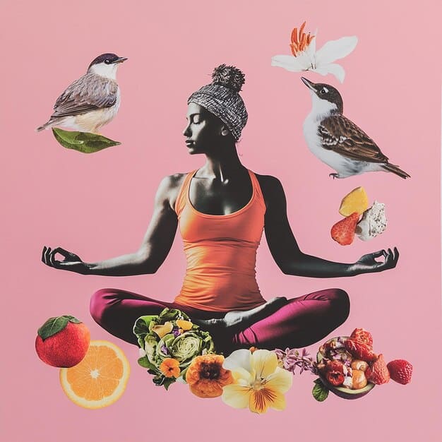 A collage showing various healthy lifestyle elements: a person meditating, someone exercising outdoors, a balanced healthy meal, and a person sleeping peacefully, emphasizing the holistic approach to health beyond just diet.