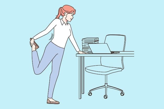 A person sitting at a desk performing a subtle neck stretch, illustrating easy integration of mobility into a work routine.