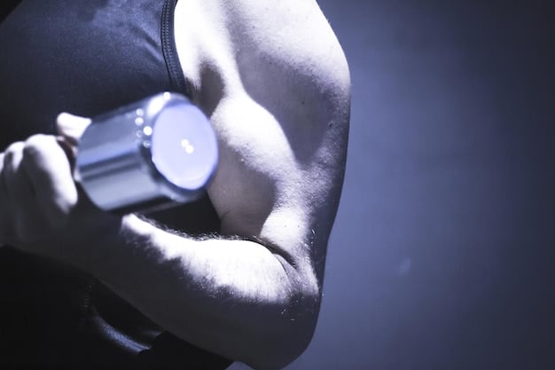 A person performing a bicep curl with moderate weights, focused expression, illustrating the hypertrophy range. The gym background is slightly blurred for emphasis on the individual.