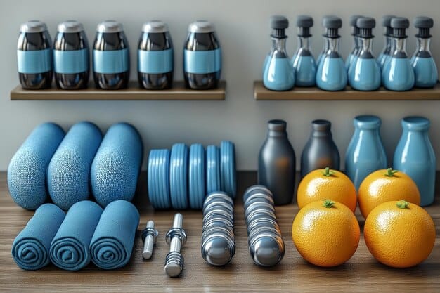 A well-organized home gym with various pieces of equipment and a neatly arranged stack of common supplements, emphasizing order and planning.