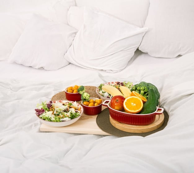 A healthy plate of food on a table next to a sleep mask, suggesting the synergy between diet, fat loss, and adequate sleep for body composition. Good detail and natural lighting.