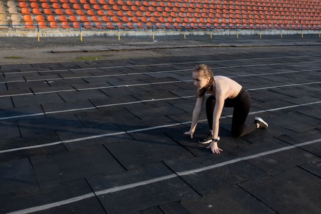 A female athlete performing a high knees drill on a track, demonstrating speed and agility with a determined expression, blurred background indicating motion.