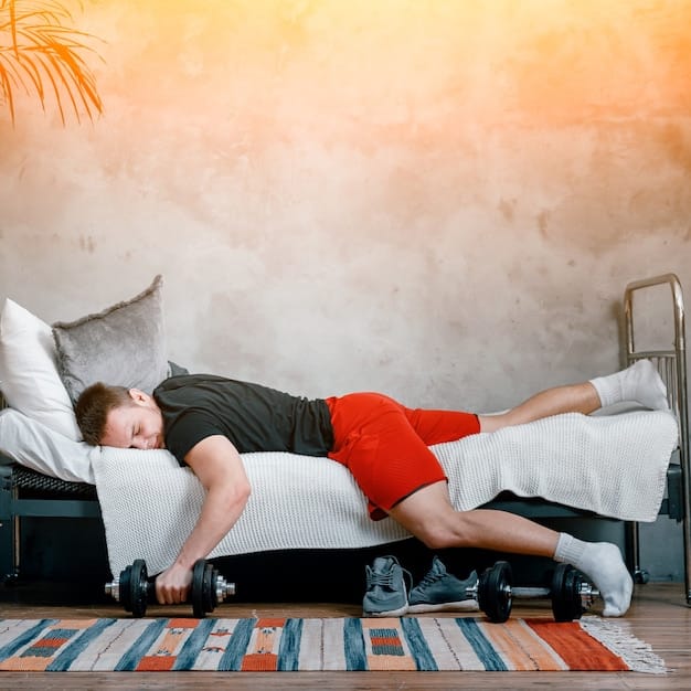A person in a tranquil setting, possibly a bedroom, sleeping soundly, emphasizing rest and recovery, or a person foam rolling their quads.