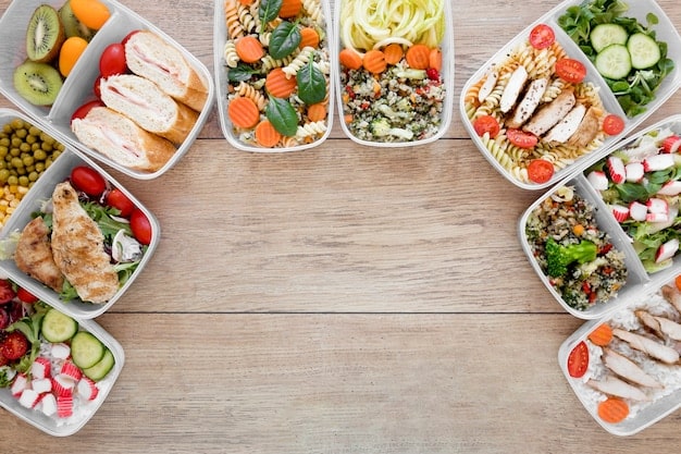 An organized weekly meal prep featuring portioned containers filled with lean protein (chicken/fish), complex carbohydrates (quinoa/sweet potato), and colorful vegetables.
