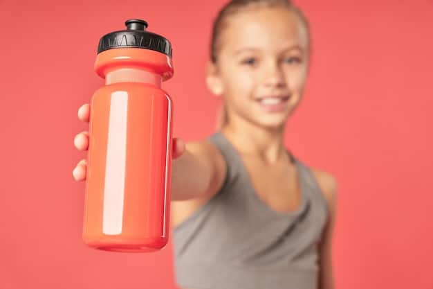 An athlete's shaker bottle filled with a protein shake, next to a variety of healthy snacks like almonds, a banana, and a small container of berries, suggesting convenient on-the-go nutrition for muscle gain.