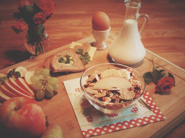 A close-up shot of a healthy and diverse breakfast meal, including oatmeal with fruits and nuts, eggs, and a glass of milk, appealing and well-composed.
