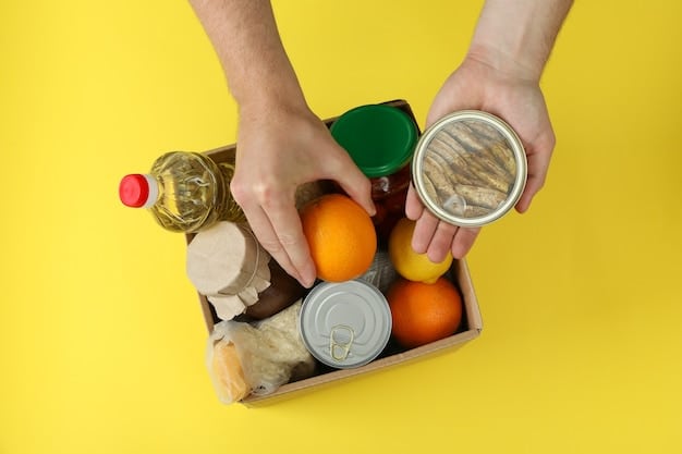A person's hand holding a grocery basket filled with the five key ingredients: a pack of chicken breasts, a carton of eggs, a bag of oats, a bag of rice, and a colorful assortment of fresh mixed vegetables, depicting budget-friendly healthy shopping.