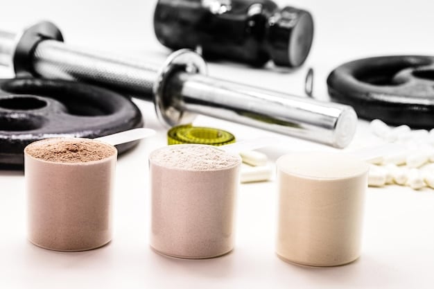 A clean, sleek shot of various supplement containers (plant-based protein, creatine, multivitamins) on a neutral grey background, organized neatly, conveying professionalism and health.