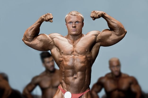 A muscular bodybuilder flexing, showcasing defined muscle groups, with subtle background suggestion of gym environment. Emphasizes body composition results.