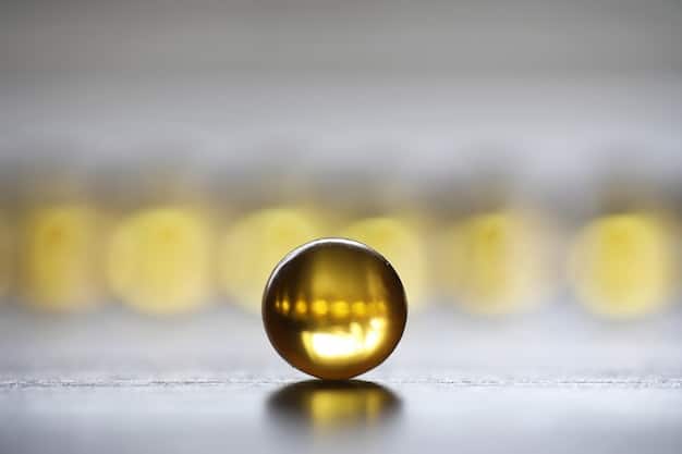 A macro shot of a fish oil capsule, with a magnifying glass hovering over it, highlighting 