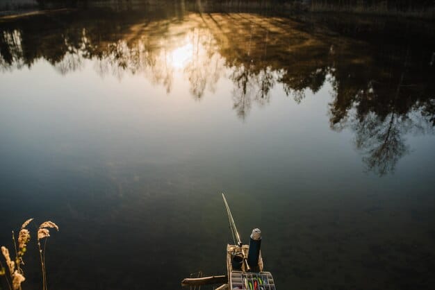 A serene image of a fishing boat on clear, calm waters, with sunlight glinting off the surface, symbolizing sustainable fishing practices and ecological balance.