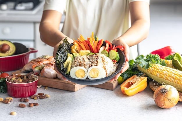 A person preparing a nutritious, balanced meal with lean protein (chicken or fish), complex carbohydrates (quinoa or sweet potato), and fresh vegetables, emphasizing healthy eating habits.