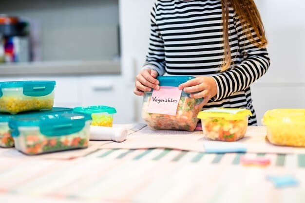 An organized kitchen counter with various meal prep containers filled with colorful, healthy food for the week, symbolizing efficiency and planning.