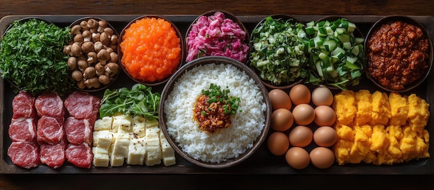 A balanced, protein-rich meal laid out on a table, including lean meat, complex carbohydrates like rice, and fresh vegetables, emphasizing healthy nutrition.