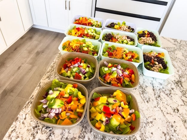 A neatly arranged meal prep containers on a kitchen counter, showcasing different balanced meals with chicken, rice, beans, and vegetables, ready for the week.