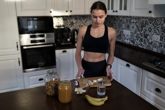 Various supplement containers including creatine, whey protein, and pre-workout on a kitchen counter, suggesting preparation for a dedicated fitness routine.
