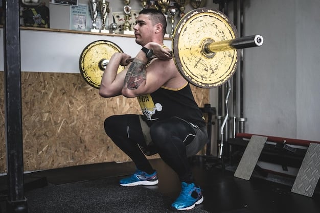 A person performing a heavy barbell squat in a squat rack, with proper form and a spotter in a busy, well-lit gym.
